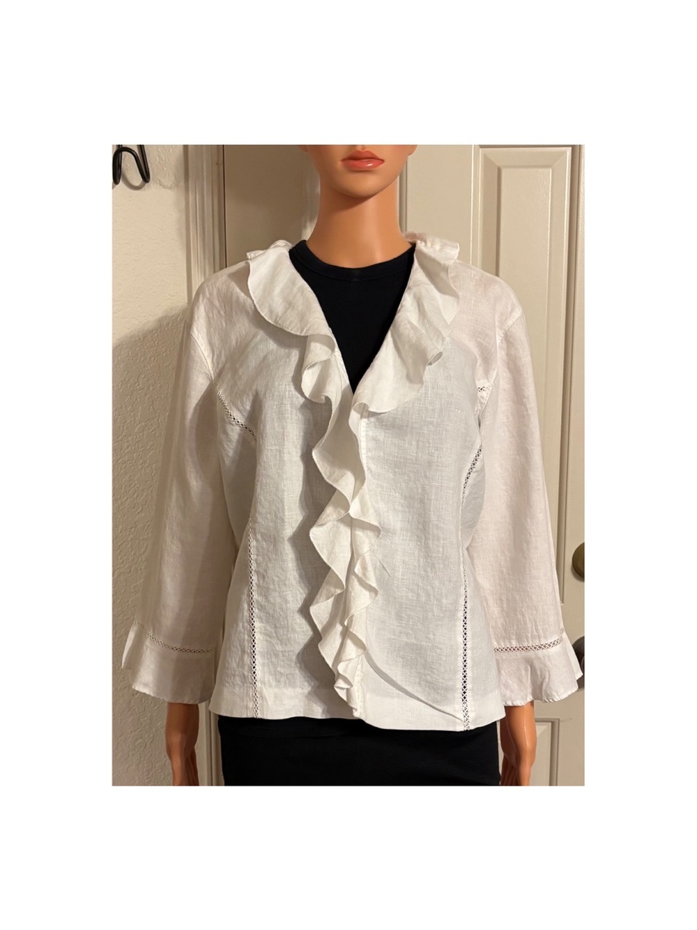 Chico's White Ruffle Front Linen-Blend Blouse